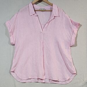 Charlie Paige Linen Pink And White Striped Women's Cap Sleeve Back Button Top 3X